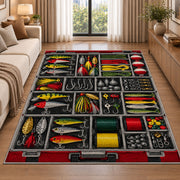 Tackle box rug in a bright living room with a sofa