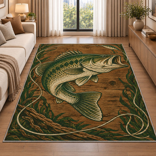 Woodcut bass rug in a bright living room with a sofa