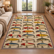 Vintage lure collection rug in a bright living room with a sofa