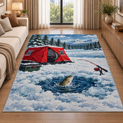 Ice fishing rug in a bright living room with a sofa