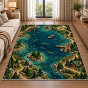 Fishing lake map rug in a bright living room with a sofa