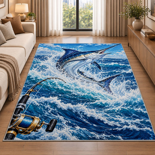 Deep sea marlin rug in a bright living room with a sofa