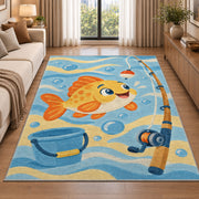 Cartoon fish kids rug in a bright living room with a sofa