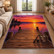 Dock sunset fishing rug in a bright living room with a sofa