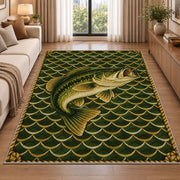 Bass on fish scales rug in a bright living room with a sofa