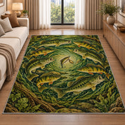 Circle of fish rug in a bright living room with a sofa