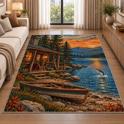 Lakeside fishing cabin rug in a bright living room with a sofa