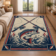 Crossed rods fish emblem rug in a bright living room with a sofa