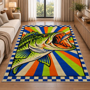 Pop art bass rug in a bright living room with a sofa