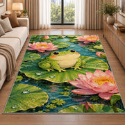 frog on a lily pad rug in a bright living room with a sofa