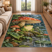 frog under a mushroom umbrella in the rain rug in a bright living room with a sofa
