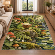 frog reading a book rug in a bright living room with a sofa