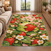 frog hugging a strawberry rug in a bright living room with a sofa