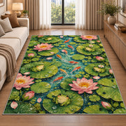 lily pond top view with frogs rug in a bright living room with a sofa