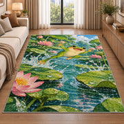 frog leaping between lily pads rug in a bright living room with a sofa