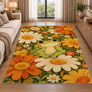 retro frog with daisies rug in a bright living room with a sofa