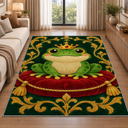 frog prince wearing a crown rug in a bright living room with a sofa