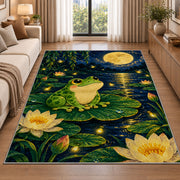 frog under the full moon rug in a bright living room with a sofa