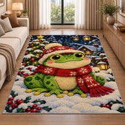 frog in a winter scarf and hat rug in a bright living room with a sofa