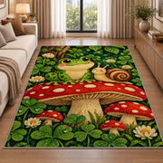 frog and snail on a mushroom rug in a bright living room with a sofa