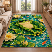 frog in sunglasses on a lily pad rug in a bright living room with a sofa