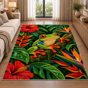 red-eyed tree frog in the rainforest rug in a bright living room with a sofa