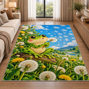 frog blowing a dandelion rug in a bright living room with a sofa