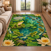 frog life cycle around a pond rug in a bright living room with a sofa