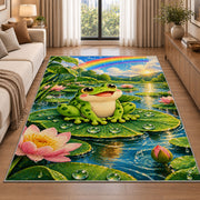 happy frog under a rainbow rug in a bright living room with a sofa
