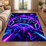 Neon Game Controller rug in a bright living room with a sofa