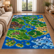 Pixel Fantasy World Map rug in a bright living room with a sofa