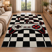 Retro Controller Checkerboard rug in a bright living room with a sofa