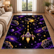 Pixel Space Shooter rug in a bright living room with a sofa