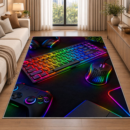 Rainbow Mechanical Keyboard rug in a bright living room with a sofa
