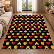 Pixel Hearts and Coins rug in a bright living room with a sofa