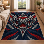 Crossed Controllers Emblem rug in a bright living room with a sofa
