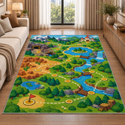 Game Level Map rug in a bright living room with a sofa