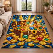 Pixel Treasure Chest rug in a bright living room with a sofa
