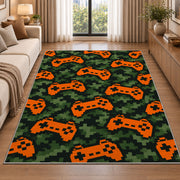 Pixel Camo Controllers rug in a bright living room with a sofa