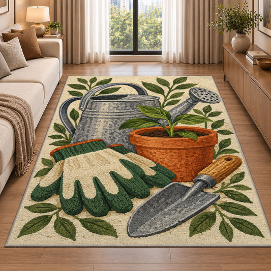 Gardening Rug in a bright living room with a sofa