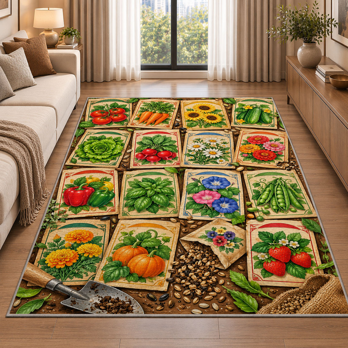 Vintage Seed Packet Rug in a bright living room with a sofa