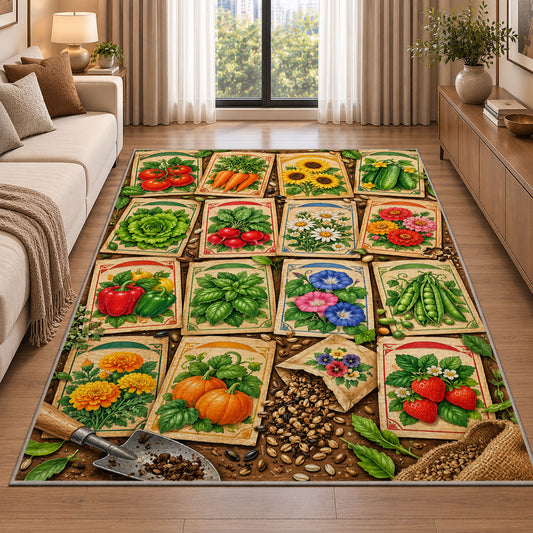 Vintage Seed Packet Rug in a bright living room with a sofa