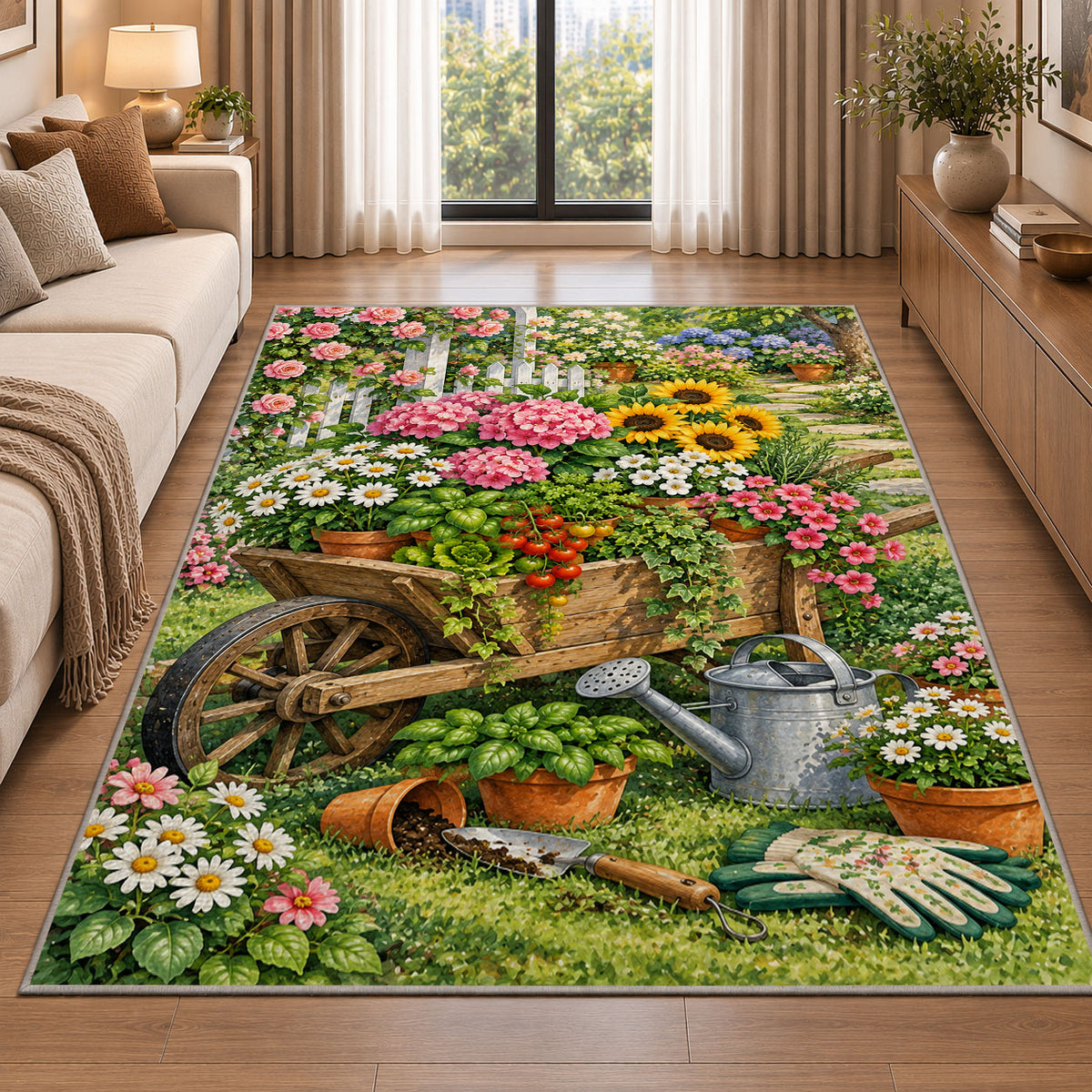Wheelbarrow Garden Rug in a bright living room with a sofa
