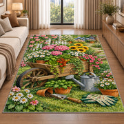 Wheelbarrow Garden Rug in a bright living room with a sofa