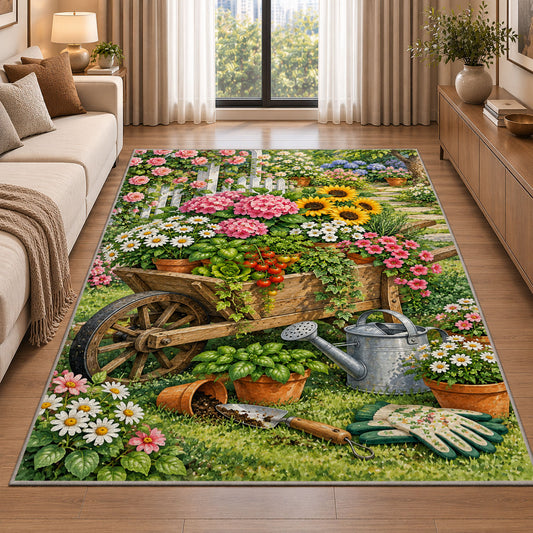 Wheelbarrow Garden Rug in a bright living room with a sofa