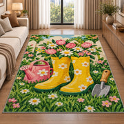 Rain Boots Flower Rug in a bright living room with a sofa