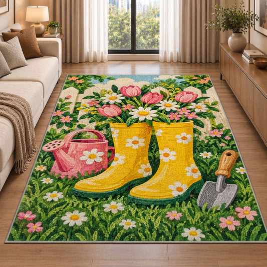Rain Boots Flower Rug in a bright living room with a sofa