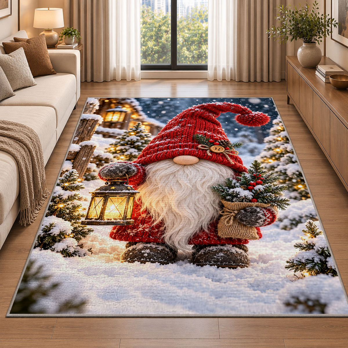 winter gnome with lantern rug in a bright living room with a sofa
