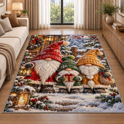 family of three gnomes rug in a bright living room with a sofa