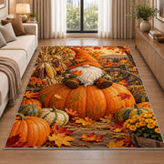 autumn gnome with pumpkins rug in a bright living room with a sofa